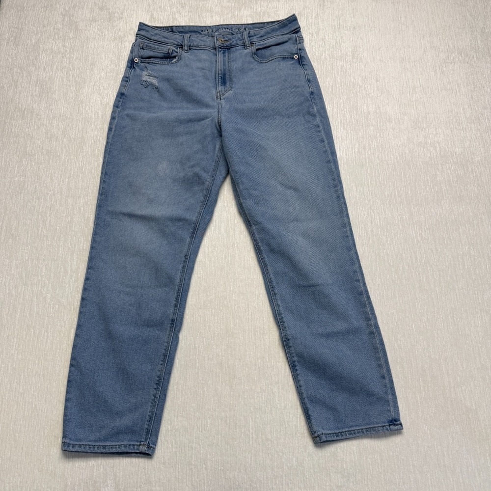 American Eagle Mom High Rise Jeans Womens 10 Blue Distressed Denim Stretch